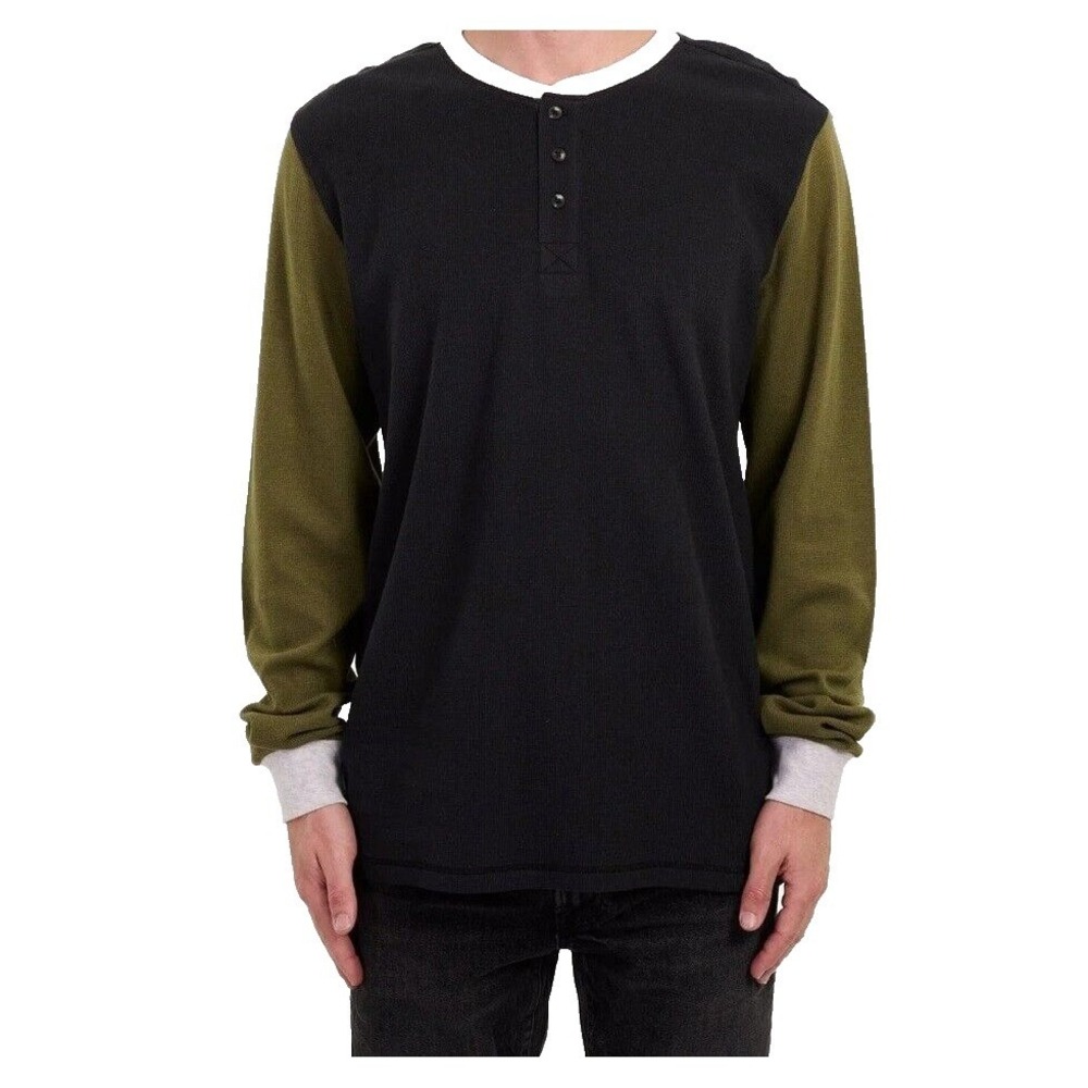 SVRN CODE Mens Size M Waffle Knit Henley Long Sleeve Colorblock Black Green Gray